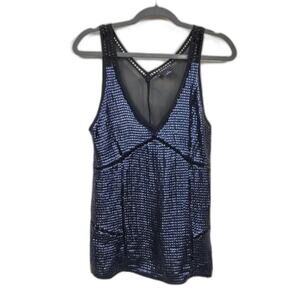 Trouve Metallic Sequin Tank Top Womens Size XS Black V Neck Sheer Back Party